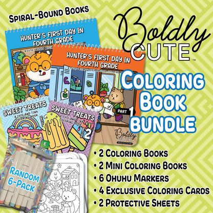 Boldly Cute coloring book bundle featuring Hunter's First Day in Fourth Grade and fun extras for creative kids!